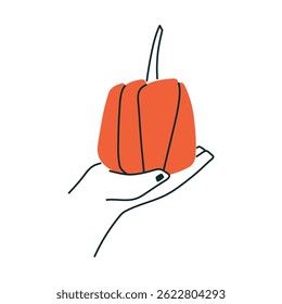 Hands with red pumpkin. Harvest time