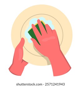 Hands in red rubber gloves washing dishes vector isolated. Cleaning plates using sponge. Bubbles from soap. Concept of housework, cleaning kitchen.