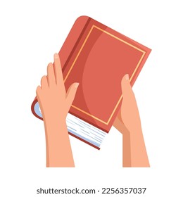 manos con icono del libro de texto rojo