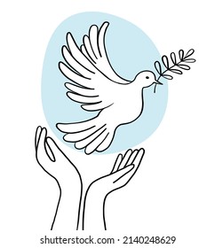 Hands release a flying pigeon with a branch . Dove of peace on a background of blue sky. Hand drawn line sketch.  Bird symbol of hope, emblem against violence and military conflicts