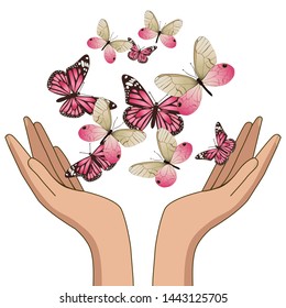 Hands release pink butterflies. Image isolated on white background. Vector graphics.