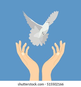 Hands release white dove. Vector illustration