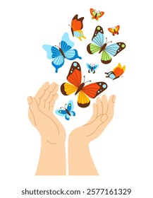 Hands releasing colorful butterflies. Butterfly symbol freedom, transformation, and connection with nature. Vector illustration perfect for zero discrimination day, celebrate, greeting card, etc