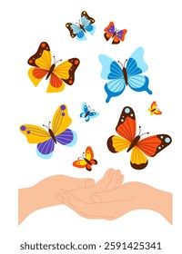 Hands releasing colorful butterflies. Butterfly symbolizing freedom, transformation, and connection with nature. Vector illustration