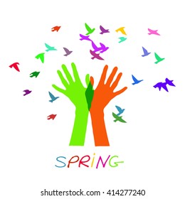 Hands releasing a flock of birds. Spring /springtime/ spring wallpaper/ spring time/ spring day/ spring design/ spring vector/ springtime vector/ spring text/ spring lettering/ spring web/ spring art