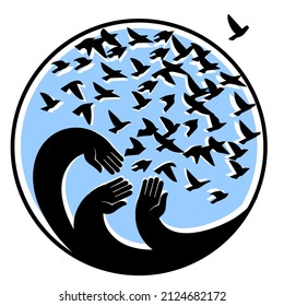 Manos soltando un rebaño de aves. Ilustración del vector