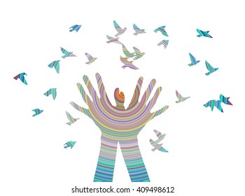 Hands releasing a flock of birds. Vector illustration