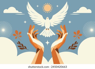 Hands releasing Peace Pigeon, White bird Dove is a symbol of peace in the word. Horizontal banner concept, flat vector design
