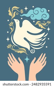 Hands releasing Peace Pigeon, White bird Dove is a symbol of peace in the word. Vertical banner concept, flat vector design
