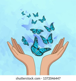 Hands releasing turquoise butterflies. Vector illustration