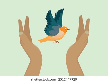 hands releasing a vibrant yellow and blue bird, symbolizing freedom, hope, and peace in a minimalist style