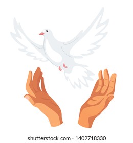 Hands releasing white dove flat vector illustration. Liberty and freedom symbol. International Peace Day. Human praying isolated clipart. Bird flying in sky. Social campaign against violence