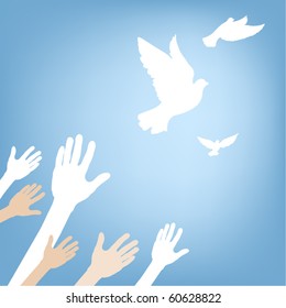 Hands Releasing White Dove On Blue Background.