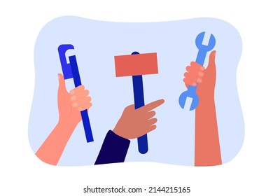 Hands of repair workers holding hammer, spanner and wrench. Work of people with mechanical tools on improvement and building renovation flat vector illustration. Maintenance service, support concept