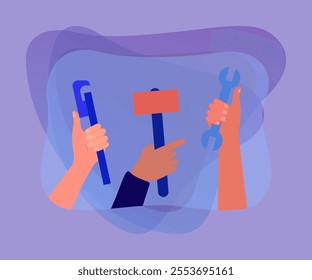 Hands of repair workers holding hammer, spanner and wrench. Work of people with mechanical tools on improvement and building renovation flat vector illustration. Maintenance service, support concept