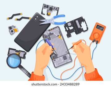 Hands repairing phone. Smartphone maintenance mobile center, cell phones fix laboratory engineer fixing broken cellphone on desk electronic device service, vector illustration of repair smartphone