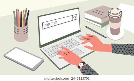 Hands researching with notebook. Vector illustration of information research or home office working. Horizontal aspect ratio. 