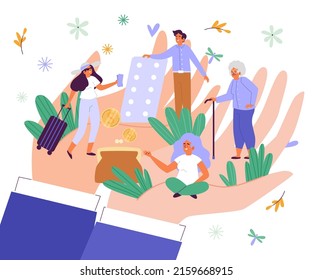 Hands Of A Responsible Caring Employer Providing Social Package And Benefits To His Subordinates, Flat Cartoon Vector Illustration Isolated On White Background.