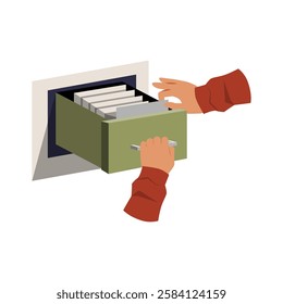 Hands Retrieving Files From A Hidden Drawer In Flat Vector Illustration Symbolizing Data Storage, Confidential Records, And Information Security, Isolated On White Background