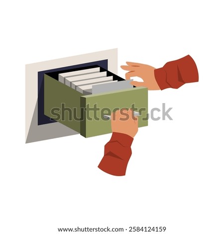 Hands Retrieving Files From A Hidden Drawer In Flat Vector Illustration Symbolizing Data Storage, Confidential Records, And Information Security, Isolated On White Background