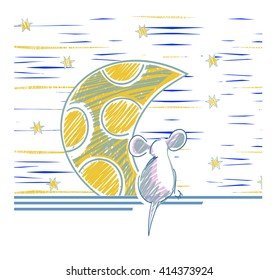 Hands retro cartoon mouse with cheese. Vector illustration with the image of the mouse and the moon.