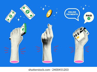 Hands in retro collage style with halftone effect. Business concept. A wad of money in a hand, a credit card in a hand and a hand tossing a coin.