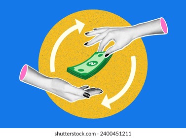 Hands in retro collage style with halftone effect. Business concept. Hand giving money.