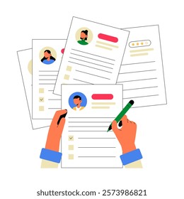 Hands Reviewing Candidate Resumes In Flat Vector Illustration Symbolizing Recruitment Process, Resume Evaluation, And Skill Assessment, Isolated On White Background