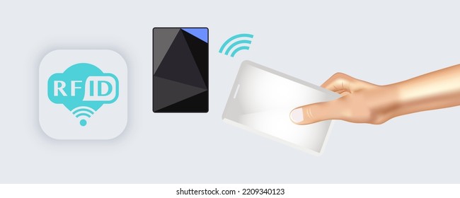 Hands With RFID Card, Swipe And Present Card Near Terminal. Office, Airport, Metro, Bus, Subway Ticket Validator. Wireless Contactless Cashless Payments, Rfid Nfc. Flat Vector Illustration.