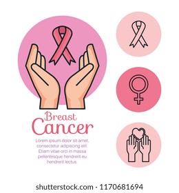 hands with ribbon with breast cancer icons