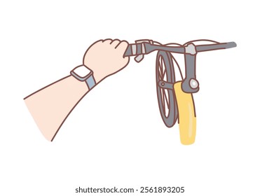 Hands riding a bicycle, wrists have a smart watch. Hand drawn style vector design illustrations.