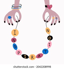 
Hands in rings and bracelets hold beads on a string with the letters of the word Inspiration. Vector abstract motivational illustration