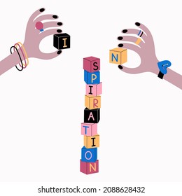 Hands in rings and bracelets make up the word "Inspiration" from cubes with letters. Tower of colorful cubes. Vector abstract motivational illustration. Flat design for print, poster, banner, sticker,