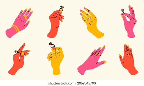 Hands with rings. fashion elegant arm with wedding and anniversary jewelry, engagement concept. Vector bride hand closeup