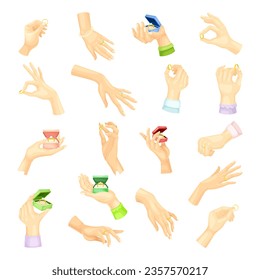 Hands with Rings on Finger and in Box as Wedding and Proposal Big Vector Set