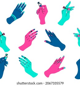 Hands with rings pattern. Seamless print with women arms and wedding rings. Vector fashion elegant jewelry concept