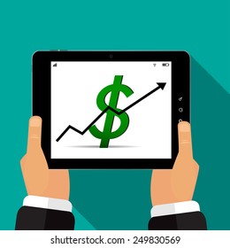 The tabletÂ is in the hands of a rising dollar vector illustration