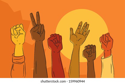 Hands rising at a political protest march, vintage poster inspired vector illustration