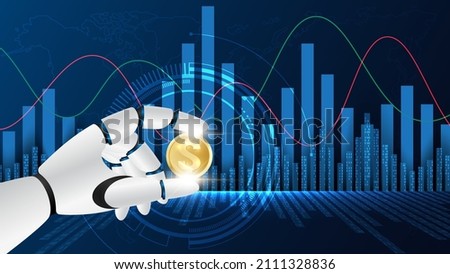 Hands of a robot holding the golden USD coin on financial data analysis background.