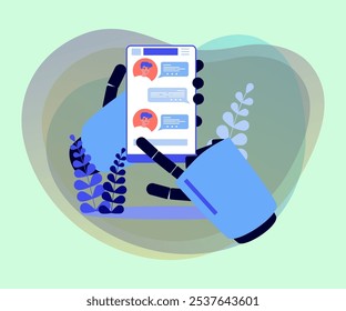 Mãos de robô segurando a ilustração do vetor do smartphone. Interface móvel do aplicativo messenger com cliente de aconselhamento chatbot. Suporte ao cliente on-line, inteligência artificial, conceito de conversa do chatbot