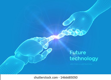Hands of Robot and Human Touching. Cyborg finger about to touch human finger. Symbol of connection between people and artificial intelligence. Science, future technology. Vector Illustration.