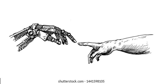 Hands of Robot and Human hands touching with fingers, Virtual Reality or Artificial Intelligence Technology Concept - Hand Draw Sketch Design illustration.