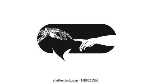Hands of Robot and Human hands touching with fingers, Virtual Reality or Artificial Intelligence Technology Concept - Hand Draw Sketch Design illustration.