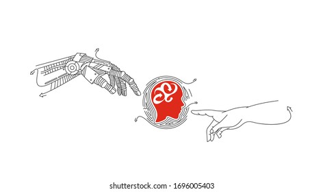 Manos de Robot y manos humanas tocando con los dedos, Realidad virtual o Concepto de Tecnología de Inteligencia Artificial - Dibujo manual Dibujo ilustración Diseño.