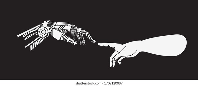 Hands of Robot and Human hands touching with fingers, Virtual Reality or Artificial Intelligence Technology Concept - Hand Draw Sketch Design illustration.