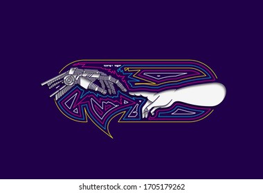 Hands of Robot and Human hands touching with fingers, Virtual Reality or Artificial Intelligence Technology Concept - Hand Draw Sketch Design illustration.