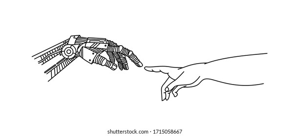 Hands of Robot and Human hands touching with fingers, Virtual Reality or Artificial Intelligence Technology Concept - Hand Draw Sketch Design illustration.