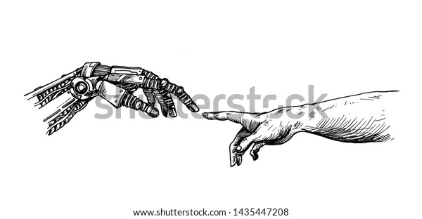 Hands Robot Human Hands Touching Fingers Stock Vector Royalty