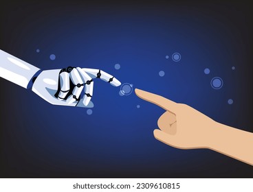 Hands of Robot and Human Touching. Symbol of connection and interaction. Artificial Intelligence. Vector illustration