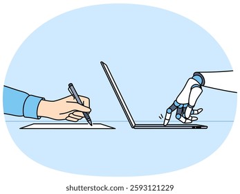 Hands robot and human working together, for concept of increasing productivity business task. Metaphor of competition between robot and human for jobs and unemployment caused by introduction of AI